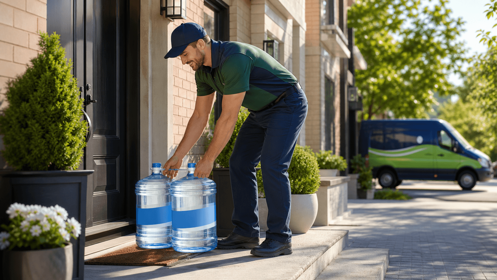 Blue 18-liter water jugs lined up beside a delivery van on a bright Ottawa street.